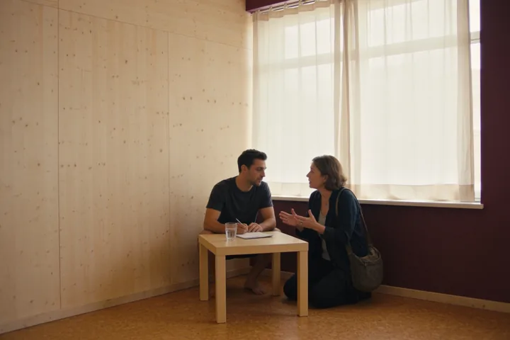 דביר ומתאמנת חדשה יושבים ומדברים ליד שולחן בסטודיו